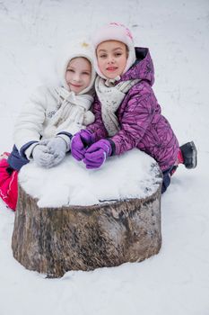 Two girls portrait among winter park