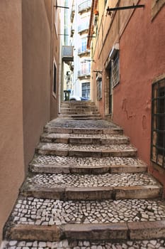 Old stairs in Lisbon  , antique monument in the city, tourism in Portugal