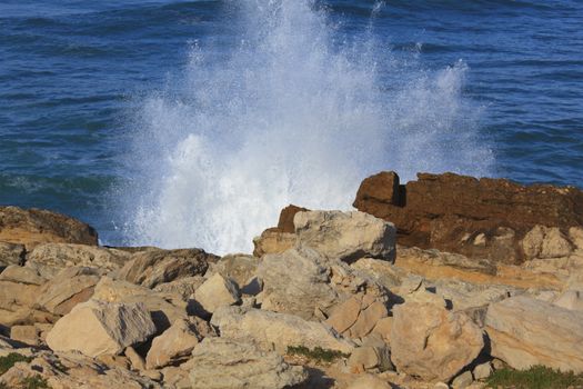 Marine wave breaks against offshore stone