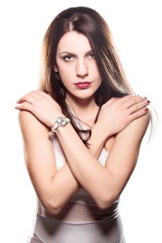 portrait of a brunette girl screaming at the camera