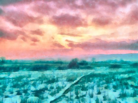 Digital watercolor painting of a winter sunset with warm tones in the sky contrasting cold tones of the snow on the ground.