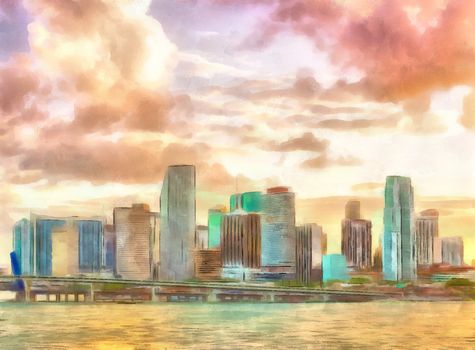 Digital watercolor painting of a sunset in downtown Miami, Florida.