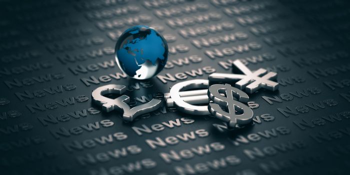 Main currencies symbols and glass globe over a dark background where it is written the word News. 3D illustration. Concept of global finance and market informations.