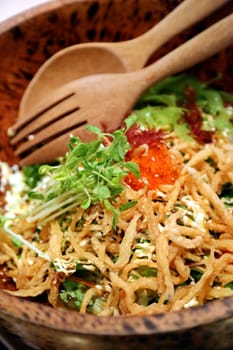 Japanese small fried fish salad with tobiko