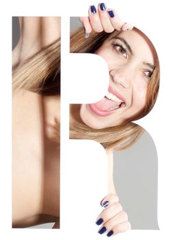 girl hiding behind and holding the letter "R"