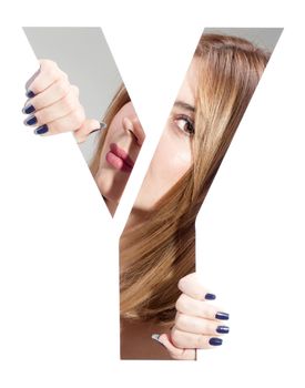girl hiding behind and holding the letter "Y"