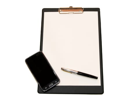 A white sheet of paper with a pen and smartphone on white background