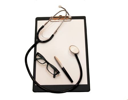 A white sheet of paper with pen, glasses and a stethoscope, on a white background