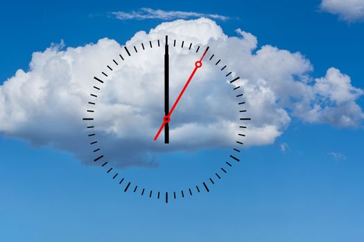Clock, dial with a minute hand and a red second hand indicates 12 o'clock. Copy space in front of sky and cloud background.