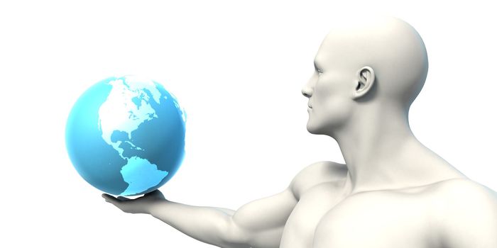 Businessman Holding a Globe as a Digital Hologram Concept
