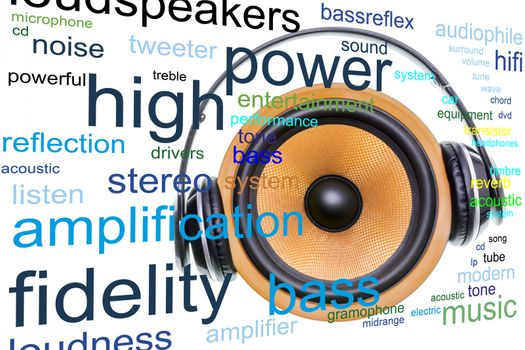 Loudspeaker word cloud concept with yellow woofer and headphones, related tags.