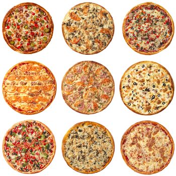 Set of 9 different pizza. Isolated on white. Top view