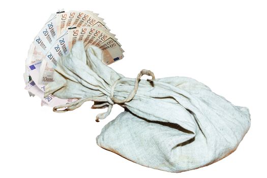 Money bag with euro banknotes. Euro banknotes from a money bag on a white background.