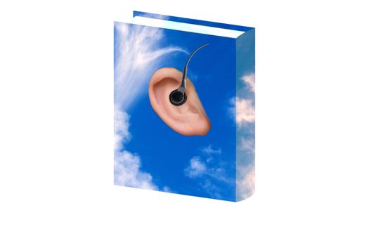 Illustration book with beautiful cover of a clouds image with an ear and headphones. Icon for audio book.