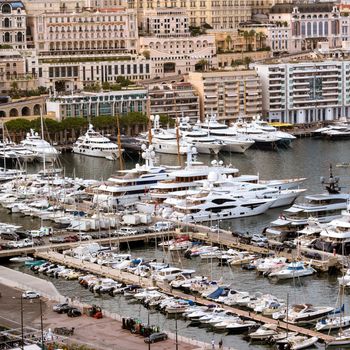 view of the Monte Carlo marina with anchored yacht
