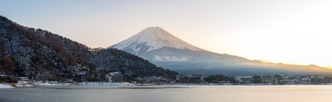 Mountain Fuji view from the Kawaguchiko lake Kawaguchi sunset panorama