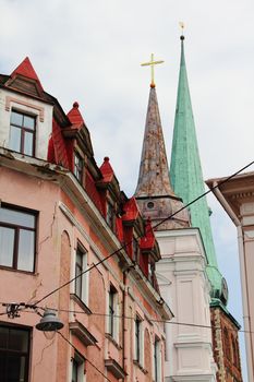 Colorful buildings at narrow street in Old Town of Riga, Latvia