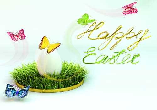 Easter egg with a bow on the grass, and around fluttering butterflies. 3d rendering.