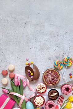 Sweet selection of easter bakery and confectionery foods with copy space 