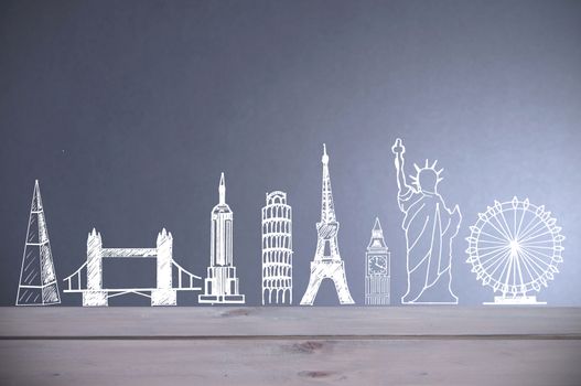 International tourist hotspots sketched on a chalkboard with copy space