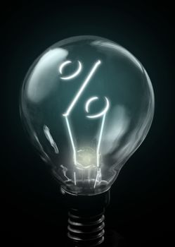 Percentage sign lit up inside a light bulb 