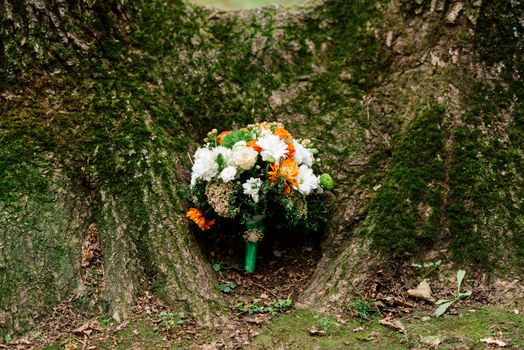 Lush wedding bouquet of white and orange chrysanthemums under a tree covered with moss