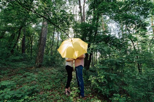 Сouple in love under a yellow umbrella in a forest