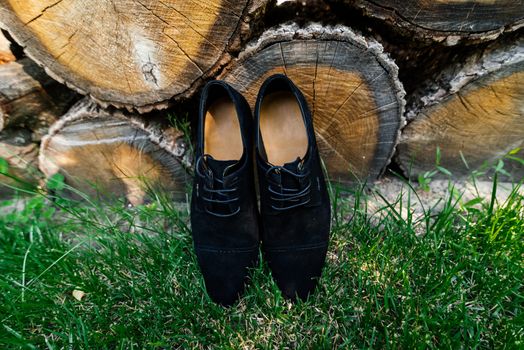 Groom shoes on the grass under a pile of logs