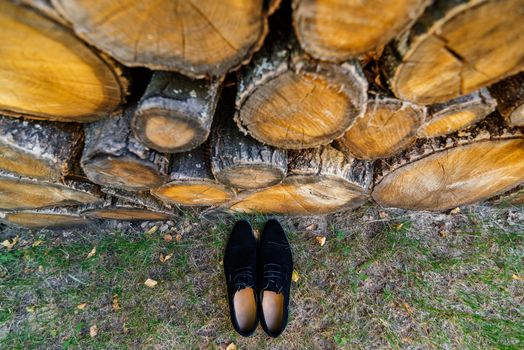 Groom shoes on the grass under a pile of logs