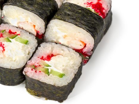 close up view of roll with tobiko. Isolated on white with clipping path. Copy space.