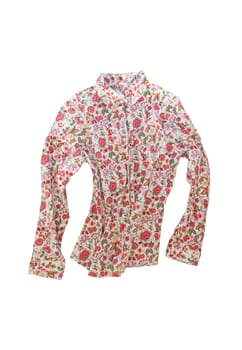 Female shirt, blouse with bright floral pattern, isolated on white background.