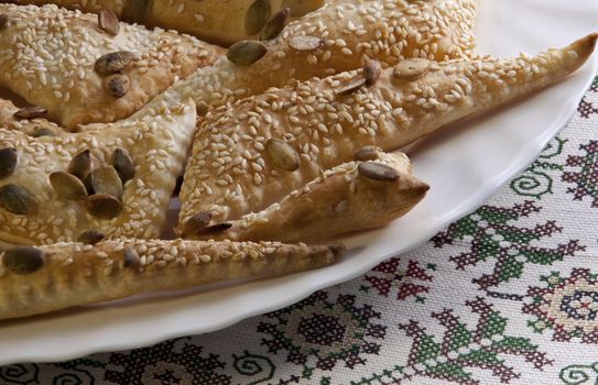 flaky  puff pastry Sprinkle Seeds pumpkin, sesame seeds Macro shot 