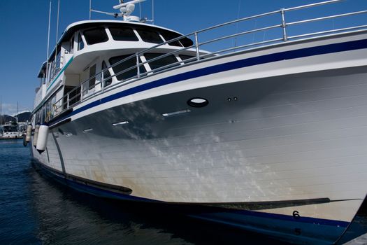 A white and blue boat docked in the harbor in Seward, Alaska. 