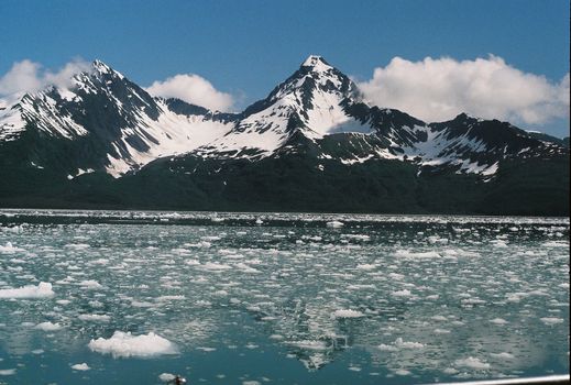 Chunks of ice floating on the ocean water with mountains in the background near Seward, Alaska. 