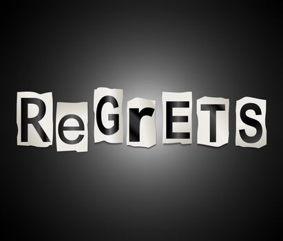 Illustration depicting a set of cut out printed letters arranged to form the word regrets.