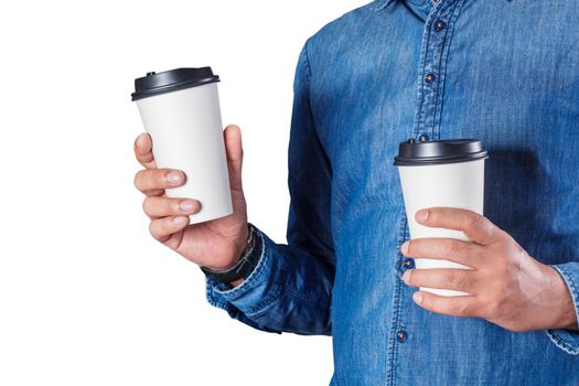 Young man holding a cup of coffee with a white background.