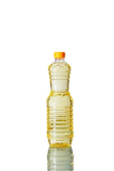 Vegetable oil of bottle on a white background.