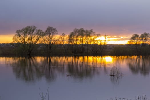 Landscape sunset on the lake with trees.