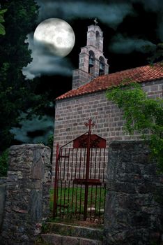 Gothic Chapel Graveyard on Full Moon Dramatic Sky Backgound
