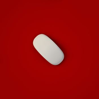 3D RENDERING OF WHITE COMPUTER MOUSE FROM TOP VIEW ON RED PLAIN BACKGROUND