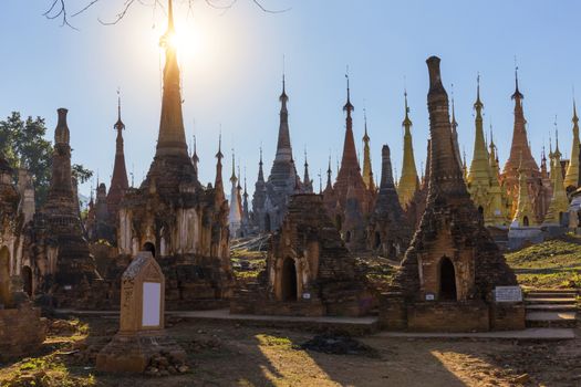 Ruins of ancient Burmese Buddhist pagodas Nyaung Ohak in the village of Indein on Inlay Lake in Shan State, Myanmar, Burma)