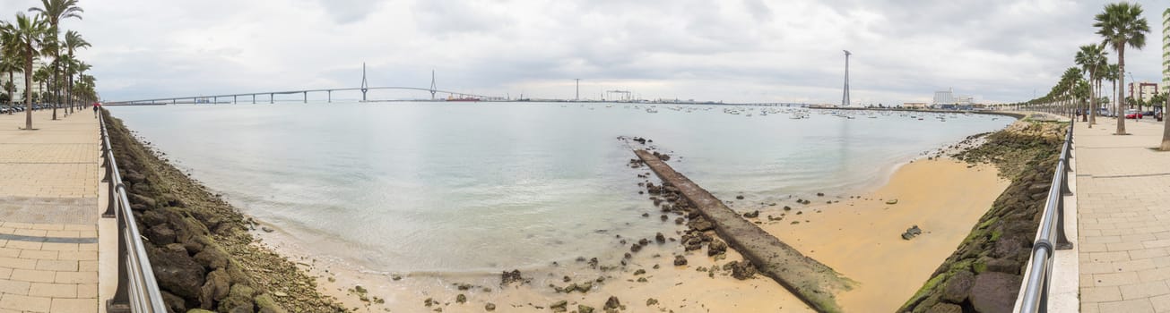 Cadiz bay panoramic view ant the new bridge called Pepa or the 1812 Constitution, Andalucia, Spain