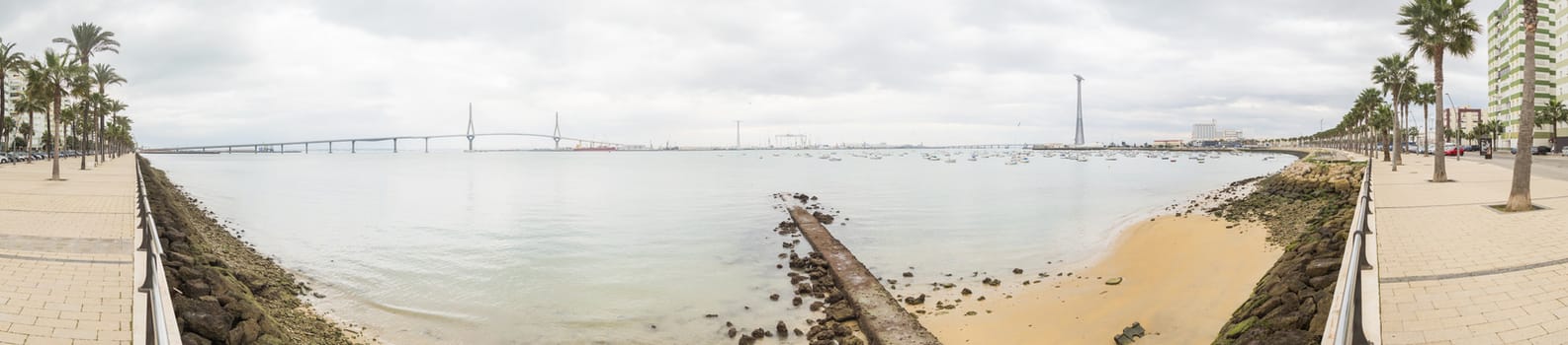 Cadiz bay panoramic view ant the new bridge called Pepa or the 1812 Constitution, Andalucia, Spain