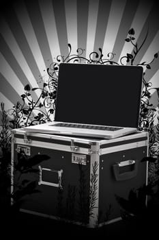 Outdoor Art Studio. Modern Laptop with Equipment Case Between Floral Ornaments. Bright Rays. Black and White Design. Outdoor Digital Studio Vertical Design.