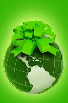 Planet Gift. Green Ecologic Theme with Earth Model with Green Bow. Vertical Eco Design. Glowing Green Background. 3D Render illustration.