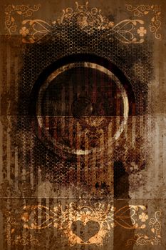 Cool Retro Grunge Background. Dirt, Dust, Rough. Many Floral Vintage Elements, Metal Sheet, Stains, Splashes. Vintage Vertical Background for Your Event Artwork.