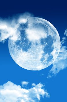 Cloudy Blue Sky and Large Moon Vertical Illustration. Abstract Design. Bright Night Sky Vertical Background.