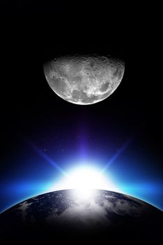 Sunrise and Moon - Vertical Space Illustration. Rising Sun, Earth and the Moon. Simple and Cool Illustration. Your Logo Ready!