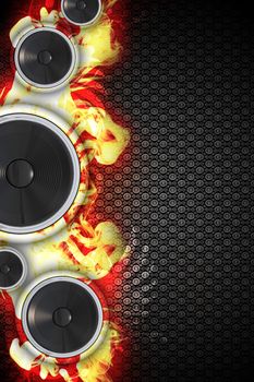 Hot Music Event Design. Cool Three Bass Speakers with Flames Music Theme. Floral Pattern Dark Background. Great Right Side Copy Space.