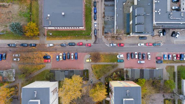 Street with cars, trees and buildings top aerial view from drone